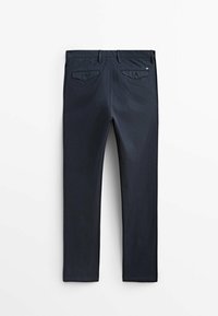 Tummansinisiä housuja, joissa on sileä puuvillasekoitekangas. Ominaisuuksiin kuuluu kaksi takataskua läpillä ja suora lahje.