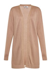 Cardigan bej, cu deschidere frontală, mâneci lungi, textură canelată, tricot ușor, cu tiv drept și accente subtile.