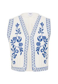 Vit väst med blå blommig brodyr, v-ringning och scalloped-kant. Har vertikala veck och en tagg märkt "Saint."