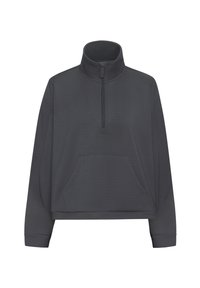 Pullover grigio scuro con colletto alto, chiusura a mezza zip e tasca frontale. Presenta maniche lunghe e una vestibilità ampia. Texture liscia.
