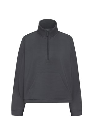 Pullover grigio scuro con colletto alto, chiusura a mezza zip e tasca frontale. Presenta maniche lunghe e una vestibilità ampia. Texture liscia.
