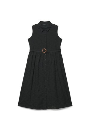 Robe midi noire sans manches à boutons sur le devant avec col, motif floral texturé, et ceinture assortie avec boucle ronde en bois.
