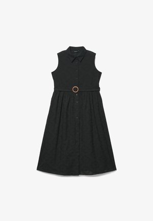 Abito midi nero senza maniche con bottoni frontali, colletto, motivo floreale testurizzato e cintura abbinata con fibbia rotonda in legno.