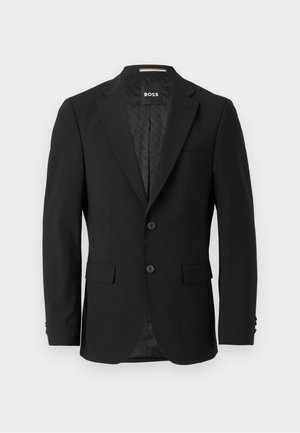 Black blazer with a single-breasted design, notched lapels, two front pockets, and two buttons. Smooth fabric with a patterned interior lining.