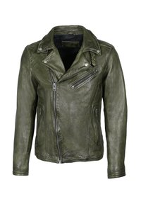 Mørkegrøn bikerjakke i læder med asymmetrisk frontlynlås, lynlåslomme på brystet og detaljer med trykknapkrave.