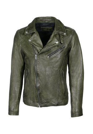 Dunkelgrüne Leder-Bikerjacke mit asymmetrischem Frontreißverschluss, Reißverschluss an der Brusttasche und Details am Kragen mit Druckknöpfen.