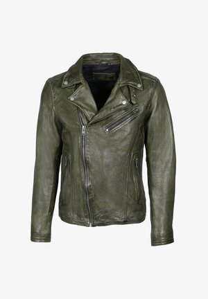 Veste motard en cuir vert foncé avec fermeture éclair asymétrique sur le devant, poche poitrine zippée et détails de col à bouton-pression.