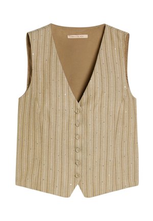 Beige mouwloos vest met verticale dunne witte strepen, knopen aan de voorkant en een V-hals.