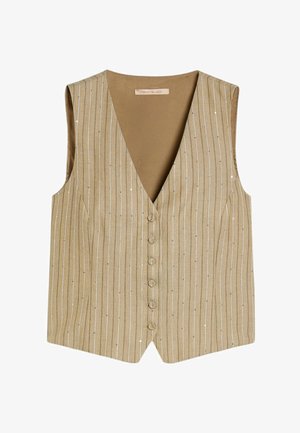 Beige mouwloos vest met verticale dunne witte strepen, knopen aan de voorkant en een V-hals.