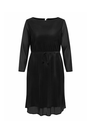 Robe noire à manches longues, en tissu lisse, avec une taille à cordon de serrage et un décolleté arrondi. Détail transparent à l'ourlet.