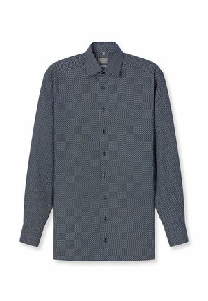 Herren-Langarmhemd zum Knöpfen in Marineblau mit einem geometrischen weißen Muster. Verfügt über einen klassischen Kragen und dunkelblaue Knöpfe. Glattes Baumwollgewebe.