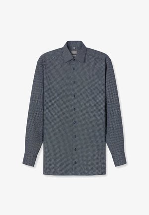Herren-Langarmhemd zum Knöpfen in Marineblau mit einem geometrischen weißen Muster. Verfügt über einen klassischen Kragen und dunkelblaue Knöpfe. Glattes Baumwollgewebe.