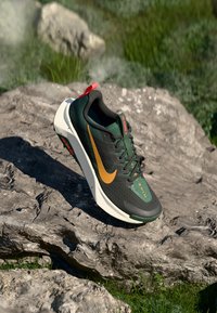 Green running shoe with a textured mesh upper, gold Nike swoosh, red accents, and a cushioned white sole, resting on a rock surface.