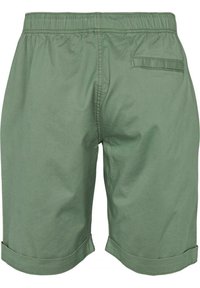 Zelené bavlněné šortky s elastickým pasem, zadní kapsou a ohrnutými manžetami. Hladký povrch s jednoduchým, jednobarevným designem.