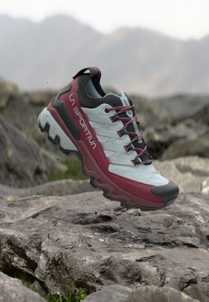 Chaussure de trail blanc, bordeaux et noir flottant au-dessus d’un terrain rocheux avec en arrière-plan une montagne lointaine.