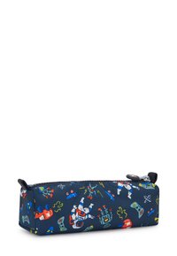 Astuccio blu a tema spaziale con robot e controller da gioco. Realizzato in tessuto resistente, con zip e una cinghia in tessuto.