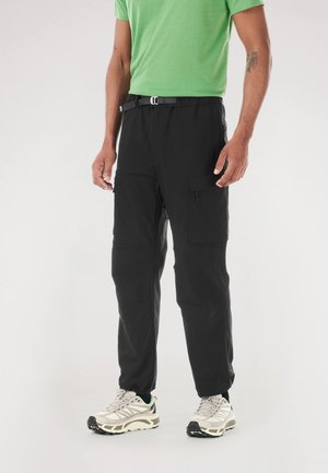 Black cargo pants with a relaxed fit, made from lightweight material, featuring a side pocket and an adjustable belt.