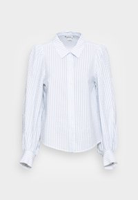 Blouse rayée bleu clair et blanc, avec une fermeture boutonnée à l'avant, des manches bouffantes et un col classique. Matière en coton avec une finition texturée.