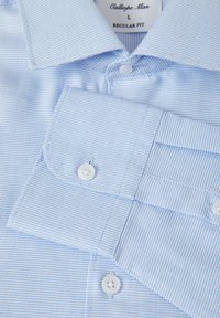Helles blau karierter Hemd aus gewirktem Stoff, mit klassischem Kragen, weißen Knöpfen und regulärem Schnitt.