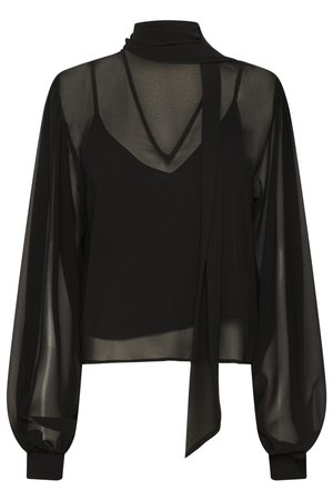 Black sheer long-sleeve blouse with a high neck, attached scarf detail, and a solid black camisole layered underneath.