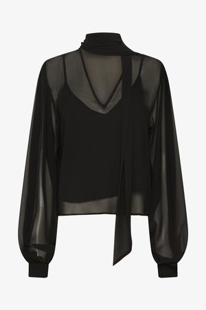 Black sheer long-sleeve blouse with a high neck, attached scarf detail, and a solid black camisole layered underneath.
