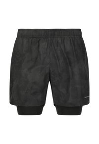 Svarta träningsshorts med en strukturerad mönstring, har ett elastiskt midjeband och ett inre kompressionslager. Tillverkade av lättviktig, andningsbar material.
