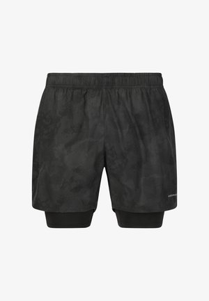 Zwarte sportieve shorts met een gestructureerd patroon, voorzien van een elastische tailleband en een binnenste compressielaag. Gemaakt van lichtgewicht, ademend materiaal.