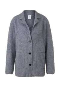 Gray fuzzy wool cardigan with three black buttons, two front patch pockets, and a notched collar.