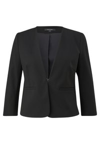 Zwarte blazer met een diepe V-hals, gestructureerde vorm, driekwart mouwen, twee voorzakken en een enkele haaksluiting. Gladde stofstructuur.