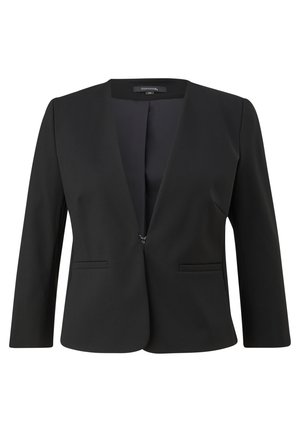 Zwarte blazer met een diepe V-hals, gestructureerde vorm, driekwart mouwen, twee voorzakken en een enkele haaksluiting. Gladde stofstructuur.