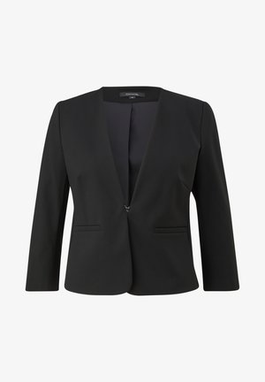 Schwarzer Blazer mit tiefem V-Ausschnitt, strukturiertem Schnitt, Dreiviertelärmeln, zwei Fronttaschen und einem einzigen Hakenverschluss. Glatte Stoffoberfläche.