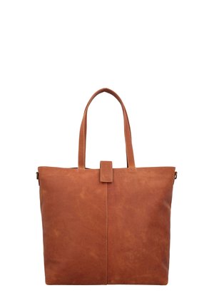Braune Leder-Shopper-Tasche mit zwei Griffen und einem zentralen Riemenverschluss, vor weißem Hintergrund gezeigt.