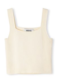 Ribbed cream tank top with a square neckline and wide straps. Features a smooth texture and a structured, fitted design. Label: IPEKYOL.