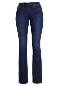 Mörkblå denimjeans med en åtsittande övre del och utsvängda nederben, med fem fickor och en knäppning i midjan.