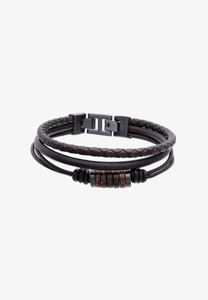 Braunes Lederarmband mit mehreren Strängen, bestehend aus geflochtenen und glatten Bändern, schwarzem Metallverschluss und zylindrischen Holzperlen-Akzenten.