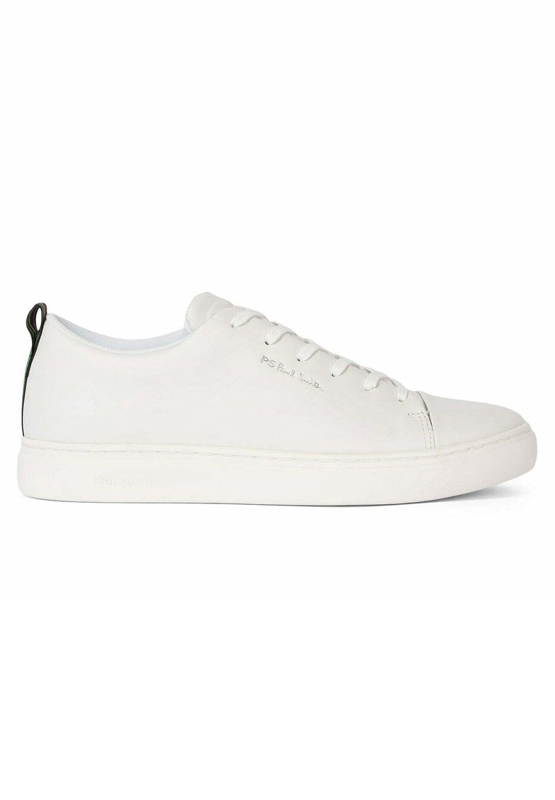 White leather sneaker with a rounded toe, flat rubber sole, and tonal stitching. Features lace-up front and a black heel pull tab.