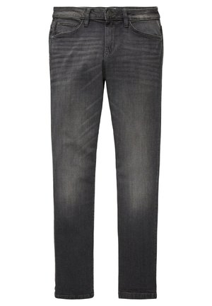 Męskie dopasowane ciemnoszare jeansy z kieszeniami z przodu i z tyłu, zapięciem na guziki oraz subtelnym wyblakłym wzorem na udach.