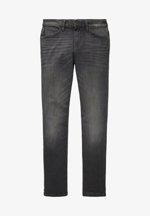 Męskie dopasowane ciemnoszare jeansy z kieszeniami z przodu i z tyłu, zapięciem na guziki oraz subtelnym wyblakłym wzorem na udach.