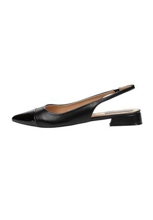 Zapato negro de piel con tiras traseras y puntera afilada, con punta brillante y tacón bajo cuadrado. El interior cuenta con un forro beige suave.