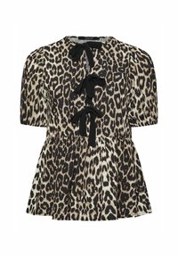 Top con estampado de leopardo que presenta mangas cortas abullonadas, un escote redondo y tres lazos negros en la parte delantera. Forma peplum acampanada.
