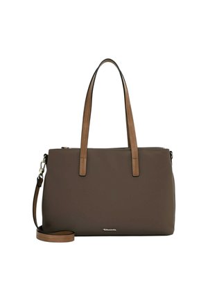 Braune synthetische Handtasche mit zwei hellbraunen Griffen und einem abnehmbaren Schulterriemen. Sie verfügt über einen Reißverschlussverschluss und minimalistische Hardware-Akzente.