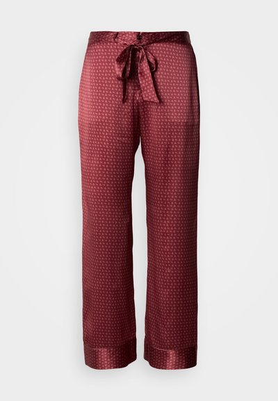 Vínové nohavice so vzorom a hladkým textúrou, s pásom na zaväzovanie a elegantným dizajnom, doplnené o mierne tmavší lem.