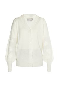 Weißer, gestrickter Cardigan mit V-Ausschnitt, Knopfleiste und strukturierten Puffärmeln mit floralem Stickereidetails und gerippten Bündchen.
