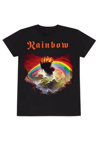 Sort bomulds T-shirt med et levende grafisk design af en knytnæve, der rejser sig op fra bølger, med en regnbue og det stiliserede "Rainbow"-tekst ovenfor.