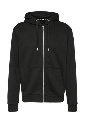 Schwarze Kapuzenjacke mit Reißverschluss aus Baumwollmischung, mit Kordelzugkapuze, zwei Fronttaschen, gerippten Bündchen und glatter Textur.
