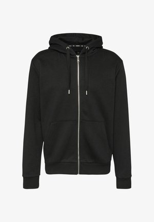 Zwarte zip-up hoodie gemaakt van een katoenmix, met een trekkoordcapuchon, twee voorzakken, geribbelde manchetten en een gladde textuur.