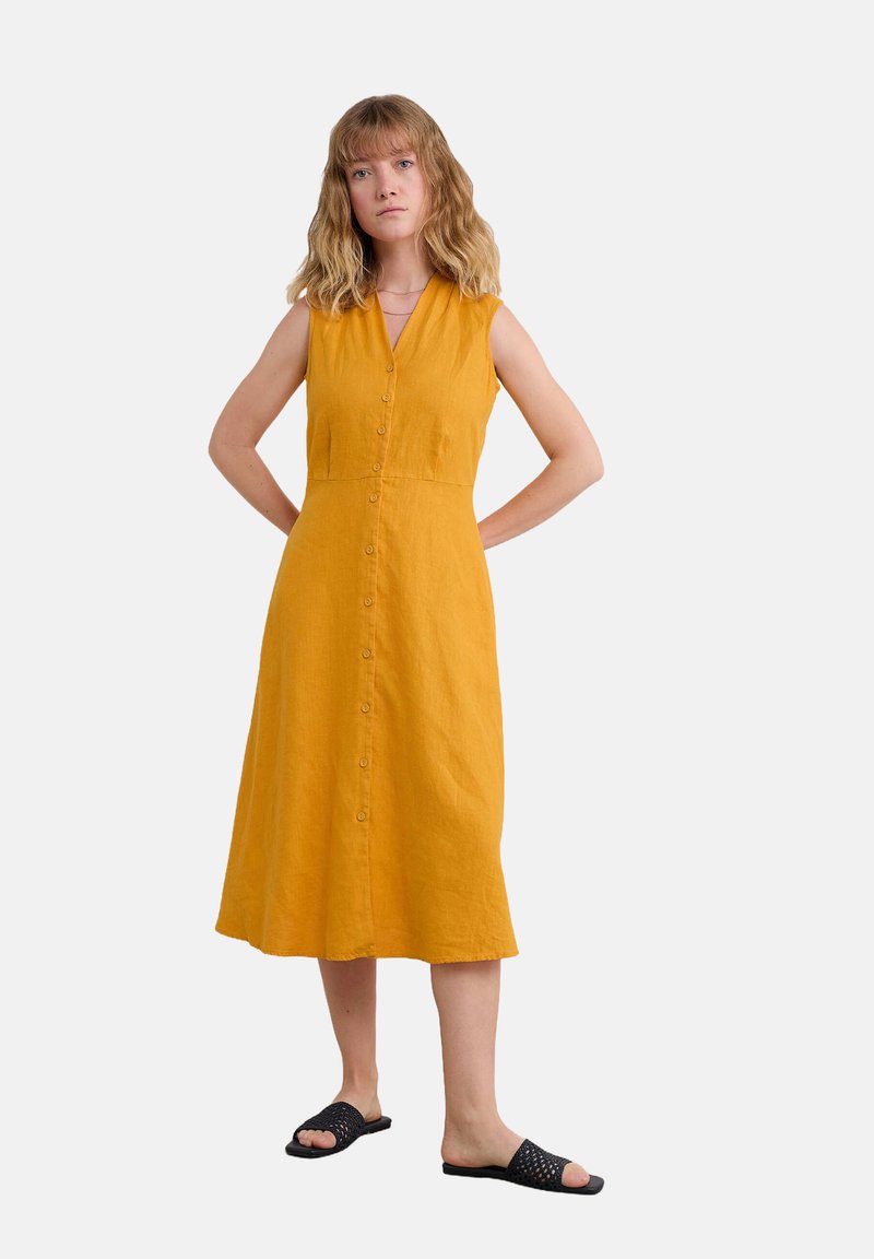 Yellow linen dress with a V-neck, sleeveless design, button front, and knee-length hem. Paired with black slide sandals featuring perforations.