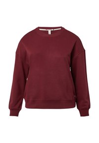 Bordeaux langemouw sweatshirt met ronde hals en geribbelde manchetten en zoom, weergegeven op een plain witte achtergrond.