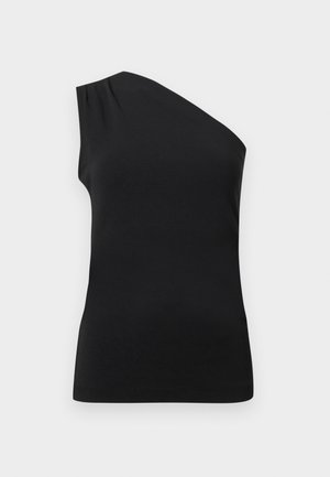 Zwarte, één-schoudertop met een slank, getailleerd ontwerp. Gemaakt van gladde stof met subtiele plooien op de schouder.