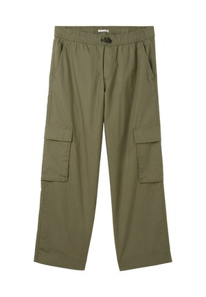 Zielone oliwkowe spodnie typu cargo z elastycznym pasem, ściągaczem i dwoma dużymi bocznymi kieszeniami. Wykonane z lekkiego materiału o luźnym kroju.